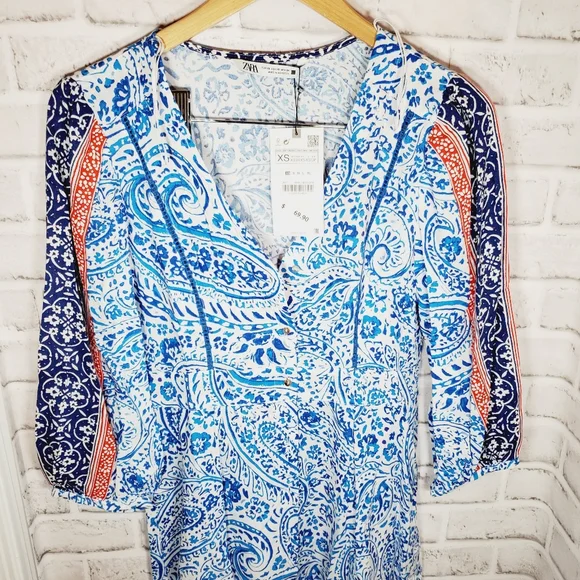 Zara printed tunic midi maxi dress white xs small nwt - Picture 2 of 7